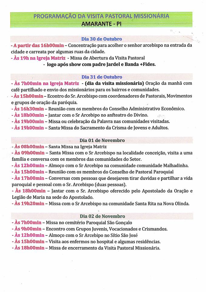 Programação - Visita Missionária