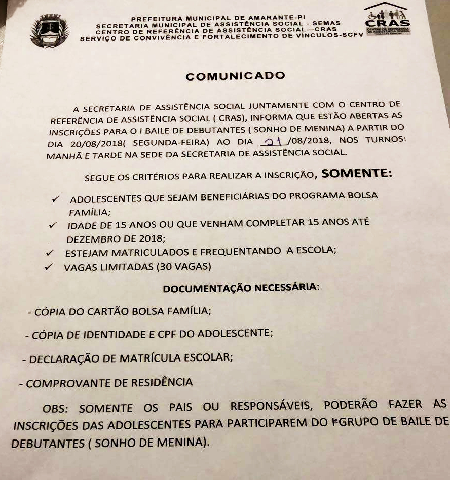 Prefeitura de Amarante vai inscrever 40 jovens para Baile de Debutantes