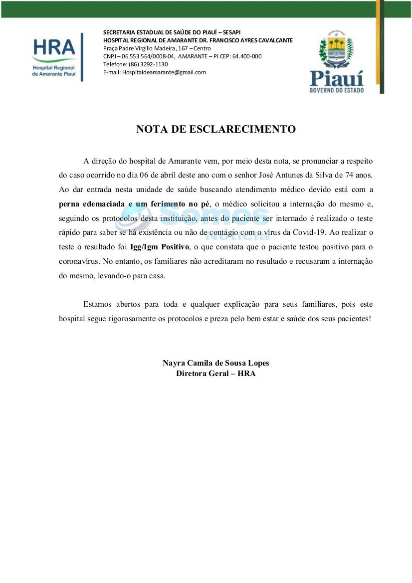 Família se recusa internar paciente em Amarante após exame da Covid-19; hospital emite nota