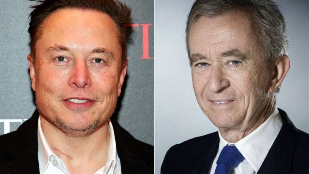 Fotos de Elon Musk a esquerda e de Bernard Arnault Theo Wargo e Joel SagetAFP