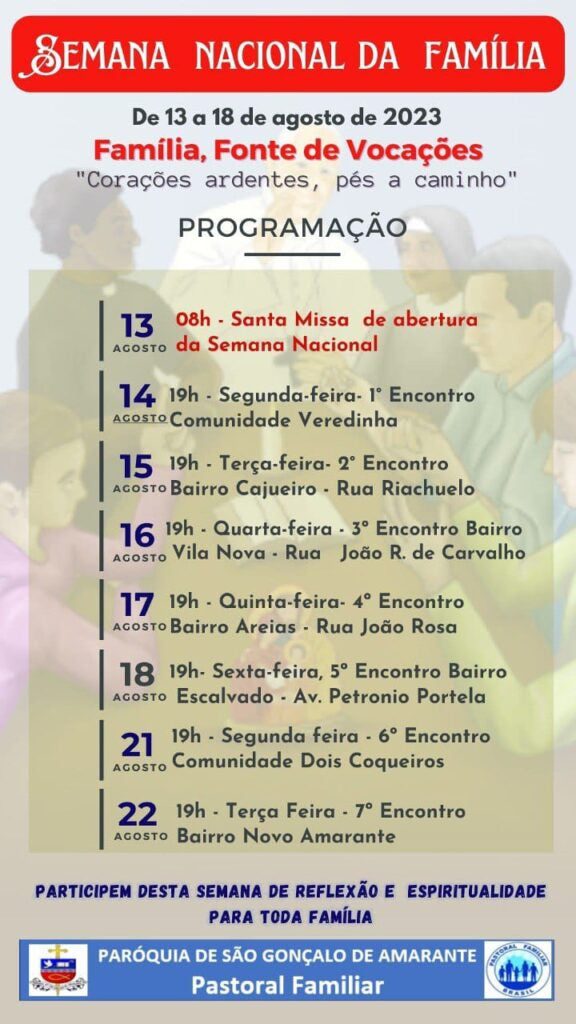 Confira a programação da Paróquia de Amarante para a Semana Nacional da Família