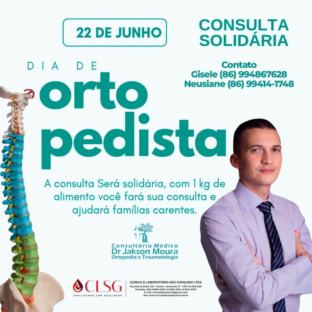 Clínica e Laboratório São Gonçalo realiza consulta solidária de Ortopedia em Palmeirais dia 22 de junho 1 Clínica São Gonçalo vai realizar consulta solidária de Ortopedia em Palmeiras