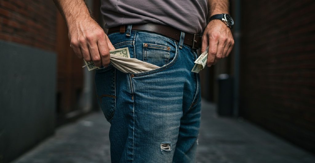homem conferindo o pouco dinheiro no bolso, tentando sair do vermelho