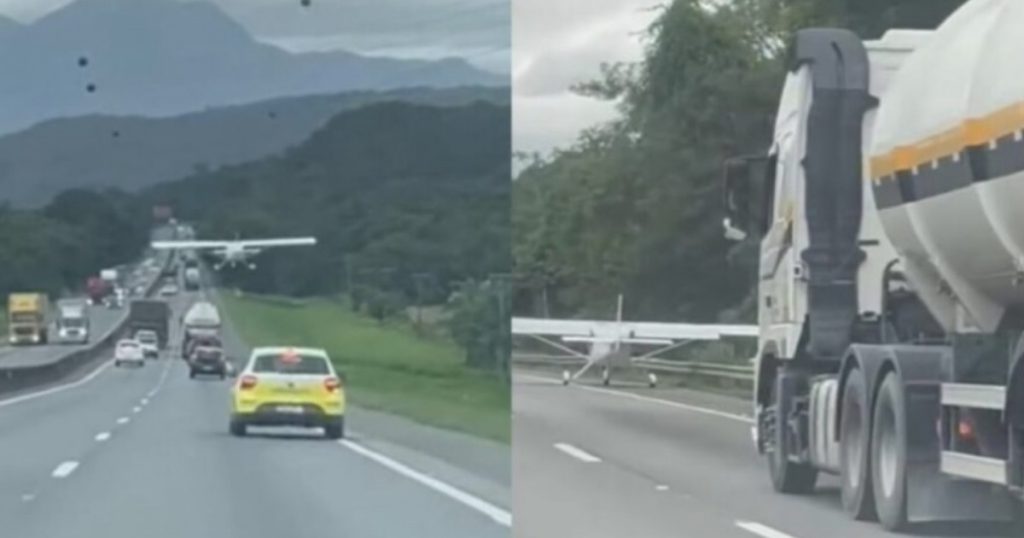 Aviao faz pouso forcado na BR 101 em Garuva apos pane no motor