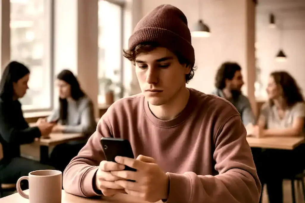 jovem acessando redes sociais de artistas famosos