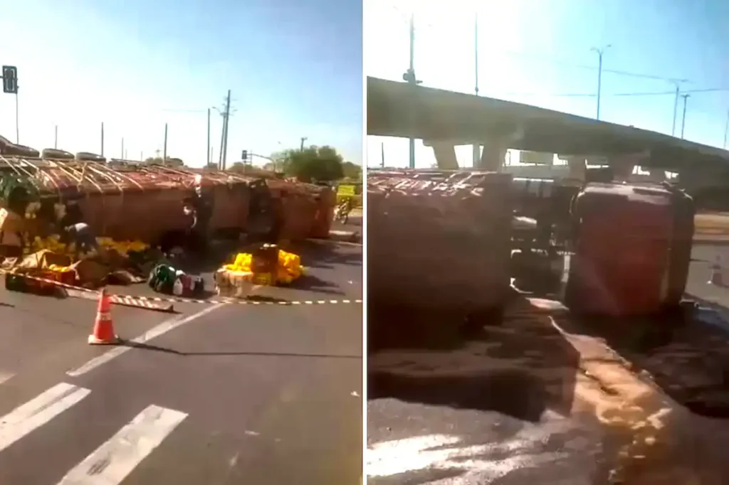 Faixa é interditada após caminhão de frutas tombar em Teresina 1 caminhão tombado pouco depois do acidente