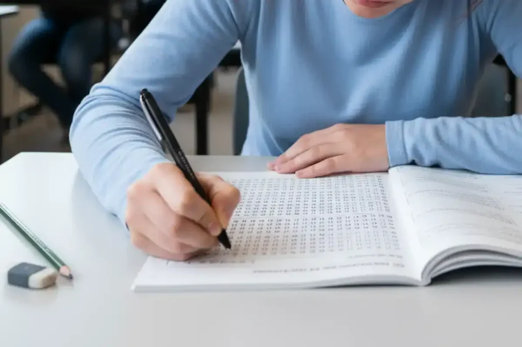 Candidato escrevendo em folha de prova do concurso Sesapi Piauí para vagas na saúde