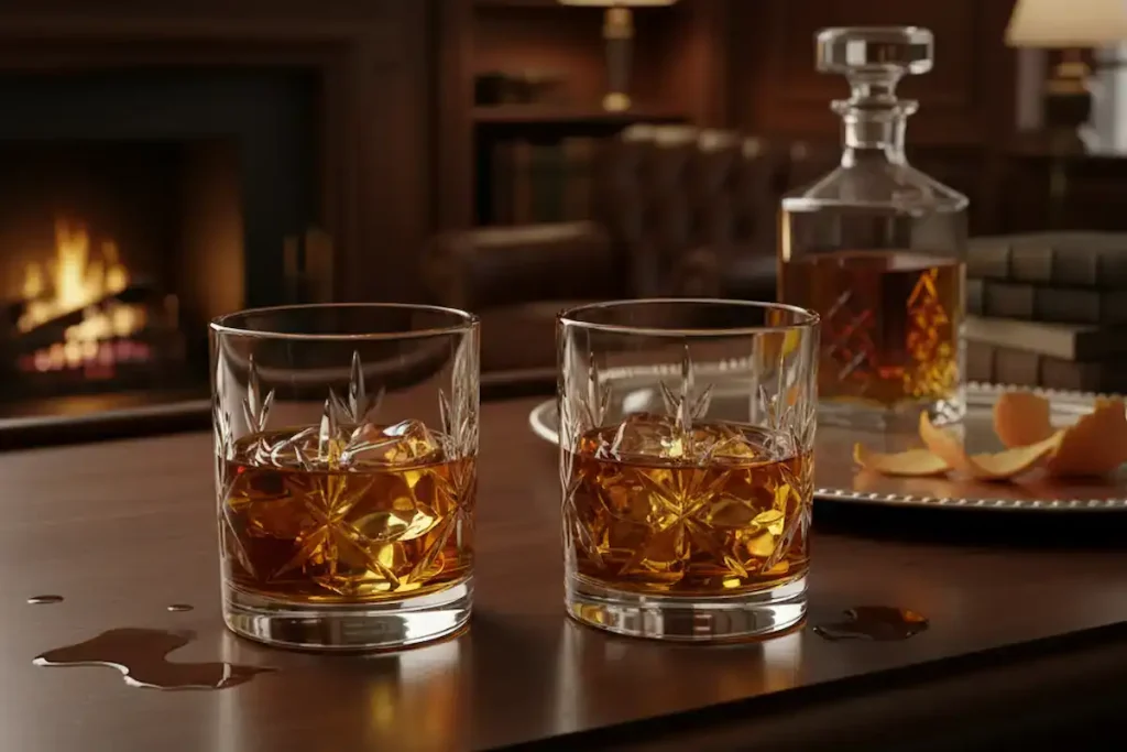 Foto em plano fechado de copos contendo bebidas alcoólicas em uma mesa.