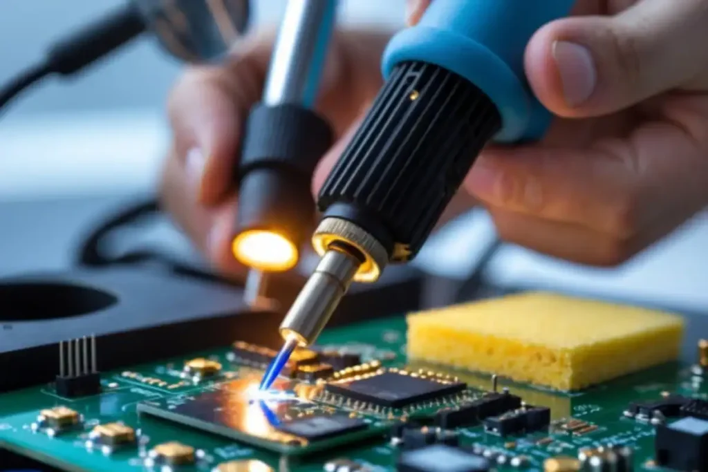 Ferro de solda: cuidados essenciais e erros mais comuns ao soldar peças 1 Homem soldando um componente eletrônico com ferro de solda