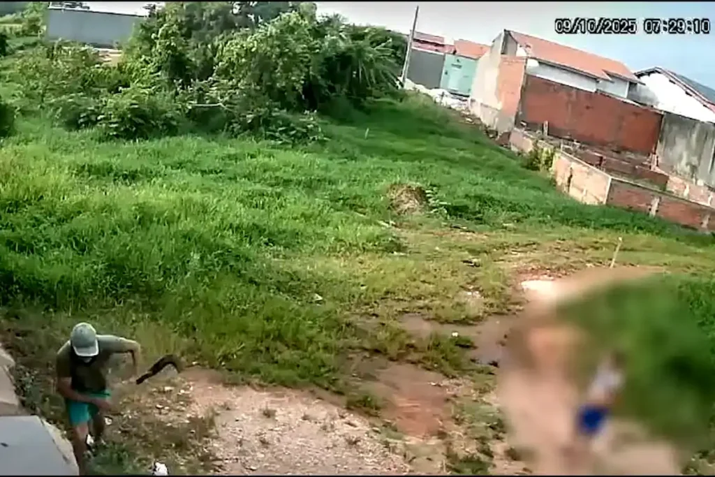 Suspeito Widegilson Martins segurando a foice perto da vítima