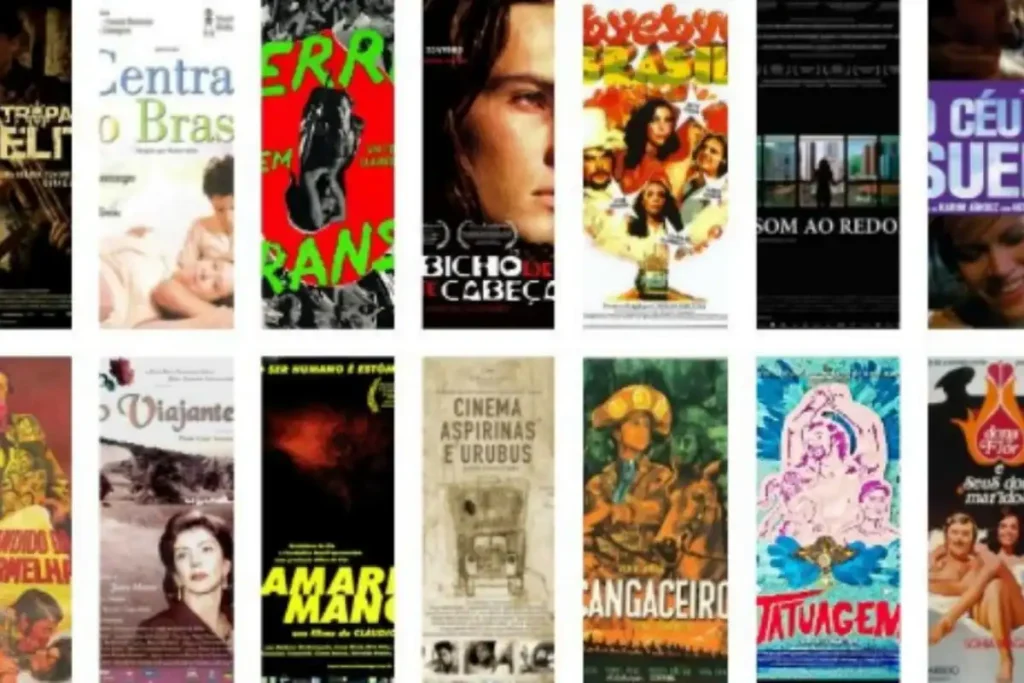 Pôsteres de filmes como Tropa de Elite e Central do Brasil