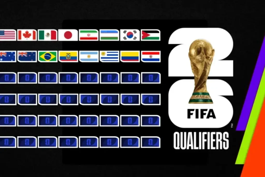 Montagem visual da FIFA com bandeiras de países que se classificaram para a Copa do Mundo de 2026.