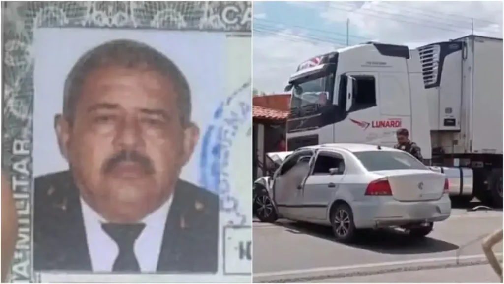 Carro de passeio gravemente danificado após colisão frontal com caminhão na BR-222, em Caucaia, Ceará, onde o 2º tenente Ildemar Vieira de Freitas morreu.