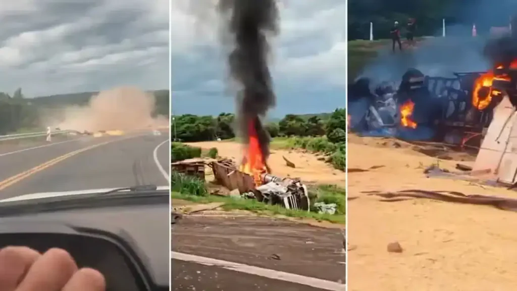 Veículos incendiados após colisão entre carreta e carro na PI-247 em Uruçuí, Piauí, com equipes de resgate no local.