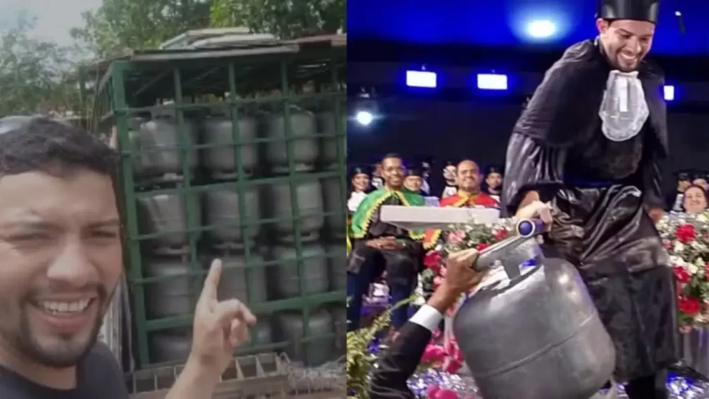 Hélio Neto, estudante de Engenharia Civil, em beca e capelo, posa com botijão de gás na formatura em Piripiri.