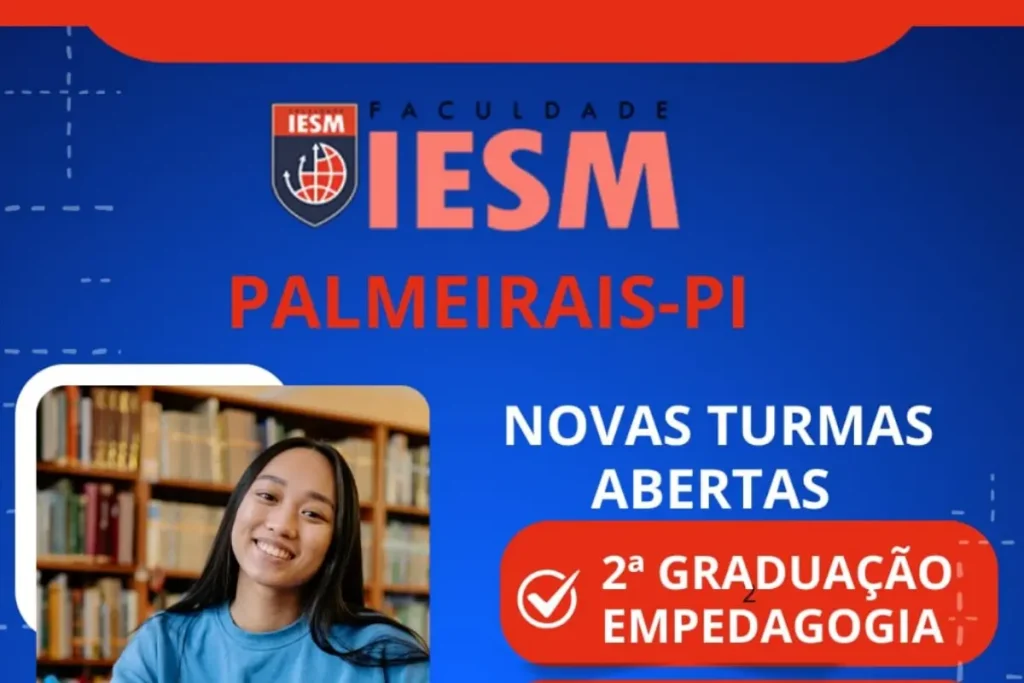 Logotipos da Faculdade IESM e Tecnort, com estudantes, representando novos cursos em Palmeirais e região.