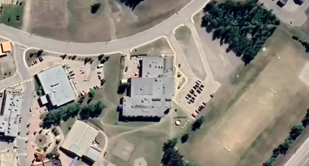Fachada da Escola Secundária Tumbler Ridge com viaturas policiais e equipes de emergência após ataque a tiros no Canadá