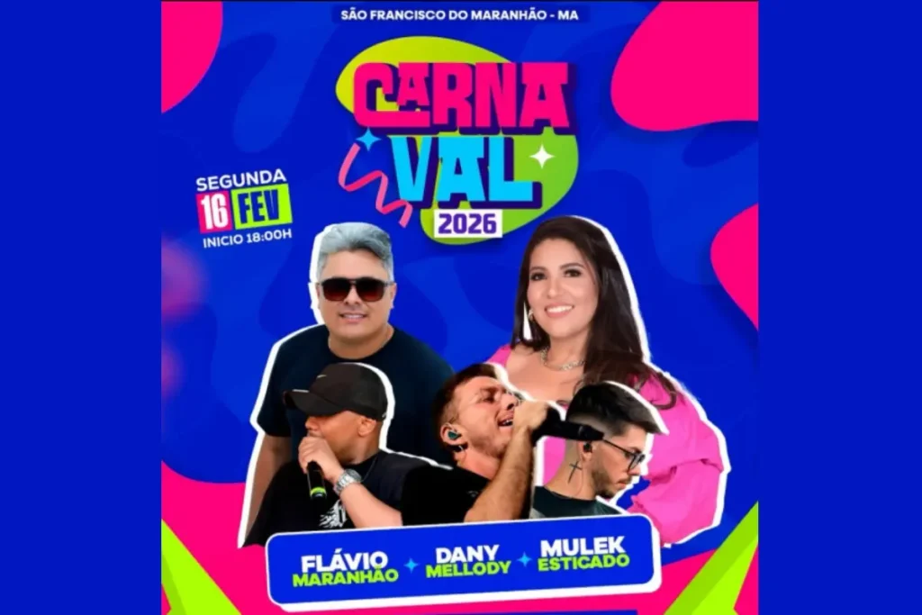 Foliões em festa no Carnaval 2026 de São Francisco do Maranhão, com palco e atrações musicais na Avenida Governador Luís Rocha.