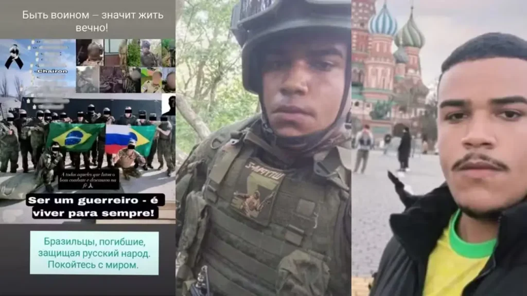 Grupo de soldados brasileiros com bandeiras do Brasil e da Rússia, associados à guerra na Ucrânia