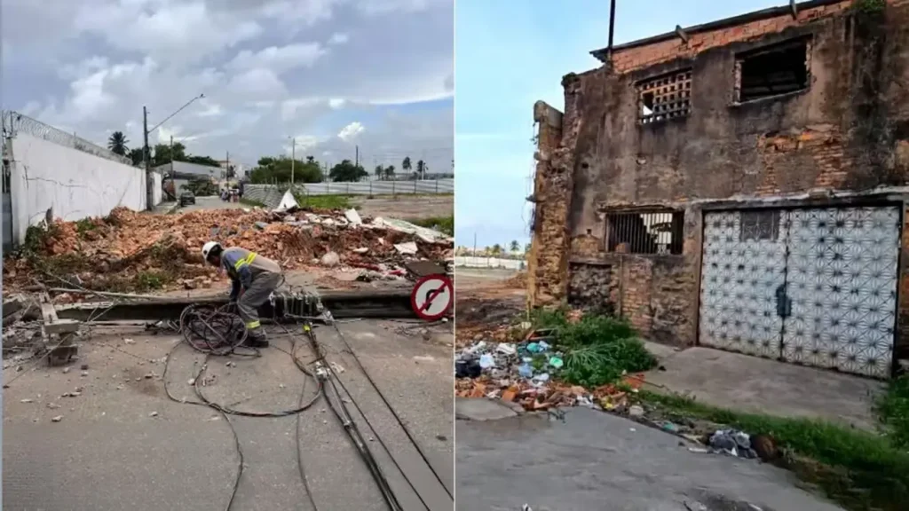 Escombros de muro histórico de pedra e barro na Rua Coelho Neto, São Luís, com postes de energia caídos e danos em imóvel vizinho após desabamento.