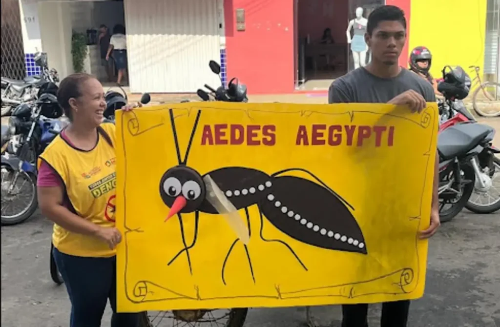 Profissionais de saúde distribuem panfletos e orientam a população sobre a prevenção da dengue no mercado público de São Francisco do Maranhão.