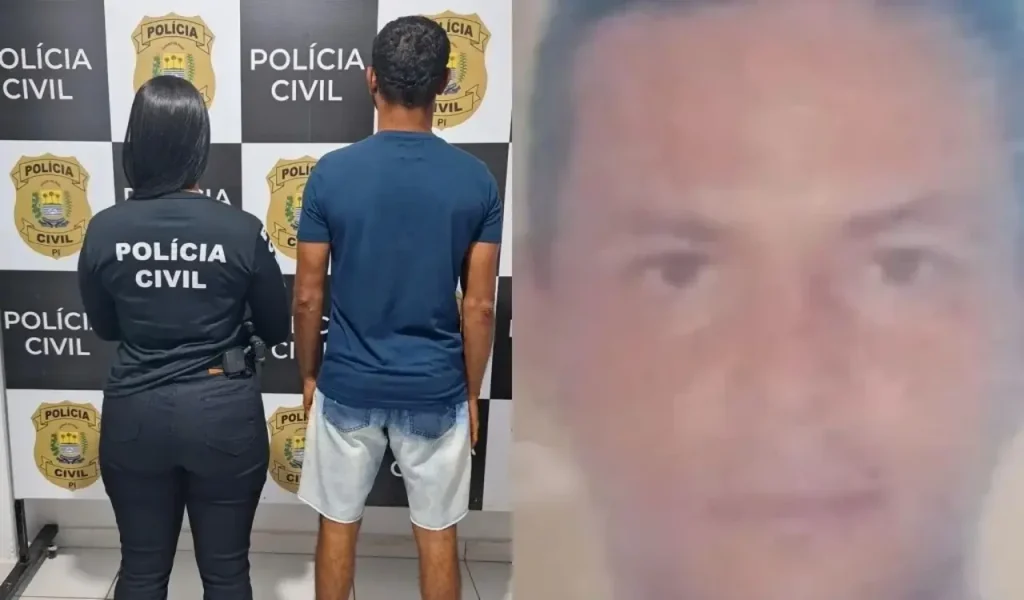 Homem suspeito de homicídio, de camisa azul, é conduzido por policial civil em delegacia no sul do Piauí.