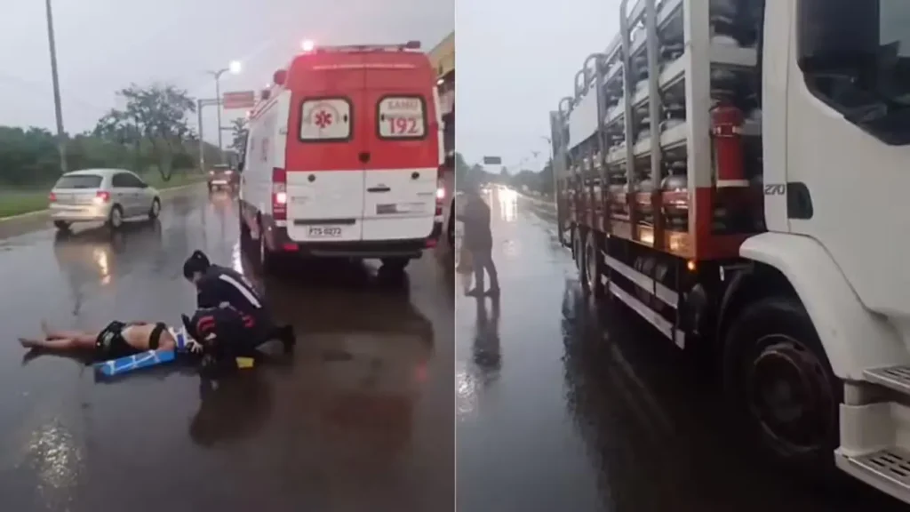 Caminhão bloqueia parte da Avenida dos Franceses para proteger mulher atropelada e caída na pista molhada em São Luís.