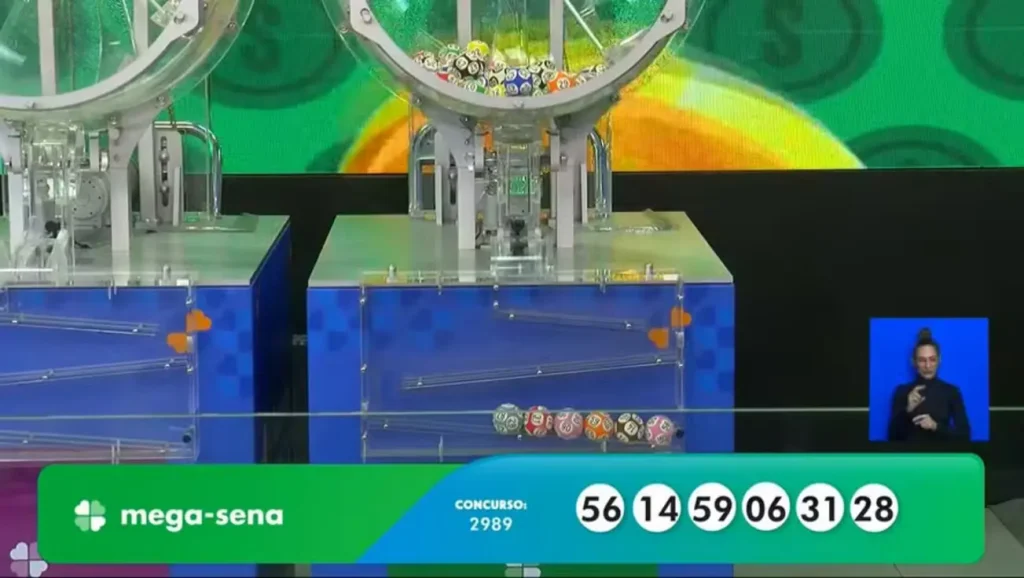 Ilustração de um volante de apostas da Mega-Sena com as dezenas sorteadas no concurso 2.989 em destaque, ao lado do valor acumulado de R$ 40 milhões.