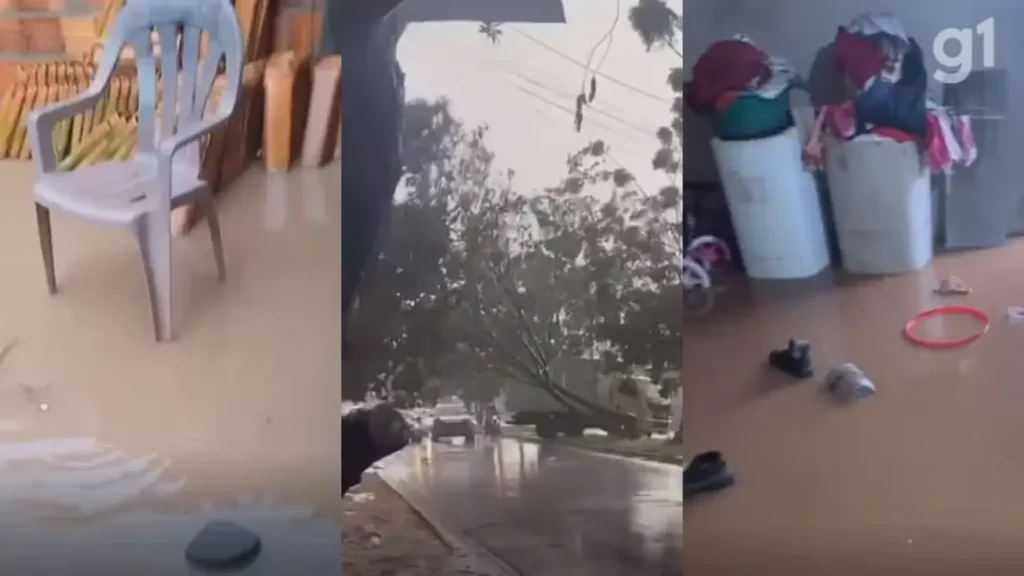 Chuva forte causa alagamentos e queda de árvore em Imperatriz-MA 8 Rua de Imperatriz, Maranhão, completamente alagada com água barrenta e detritos após forte chuva.