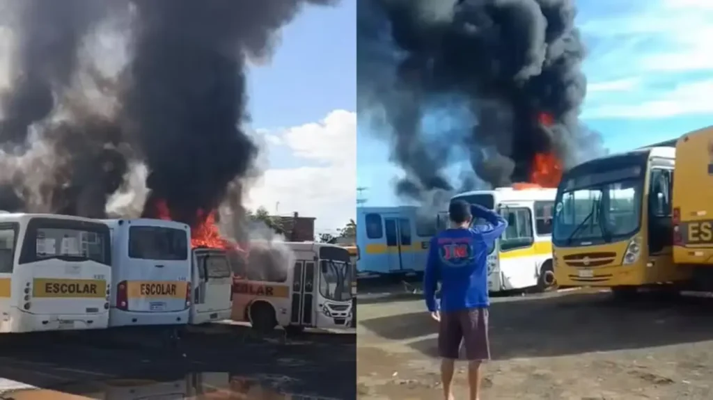 Três ônibus escolares são destruídos por incêndio em garagem no bairro Ipueiras, em Picos 8 Três ônibus escolares amarelos completamente destruídos pelo fogo, com a carcaça carbonizada, dentro de uma garagem em Picos, Piauí.