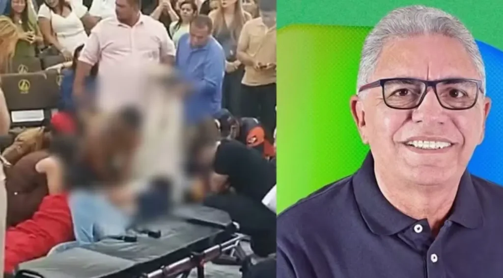 Montagem de fotos: à esquerda, cena com pessoas sendo socorridas em evento; à direita, retrato de um homem de óculos sorrindo.