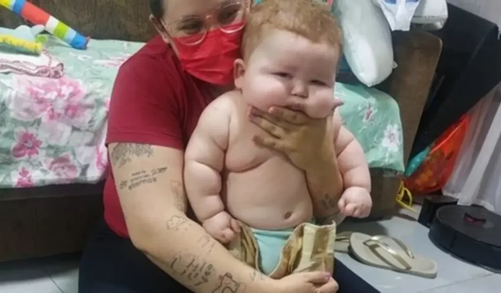 Bebê de 11 meses com doenças raras no cérebro, como hemimegalencefalia, no colo de um de seus pais.