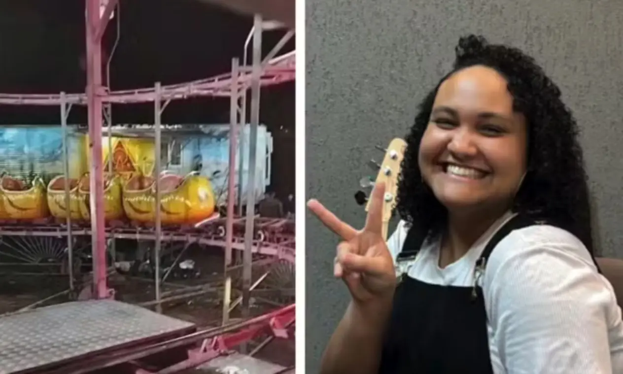 Jovem morre após cair de brinquedo em parque de Itabirito; dois homens são presos 1 Brinquedo minhocão em parque itinerante no centro de Itabirito, Minas Gerais, onde jovem morreu após queda