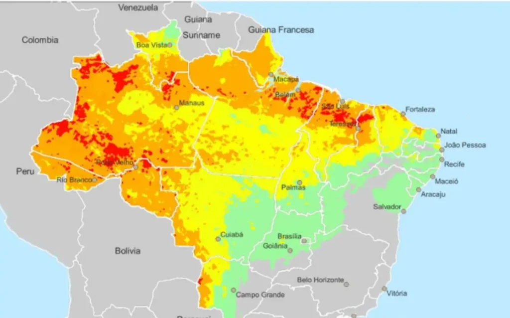 mapa mostrando previsão de Chuva intensa sobre região litorânea do Piauí com risco de alagamentos e enxurradas