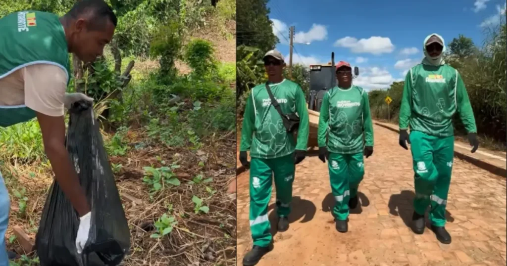 Montagem com agentes de limpeza recolhendo lixo em mata e caminhando em estrada de terra durante mutirão contra a dengue.
