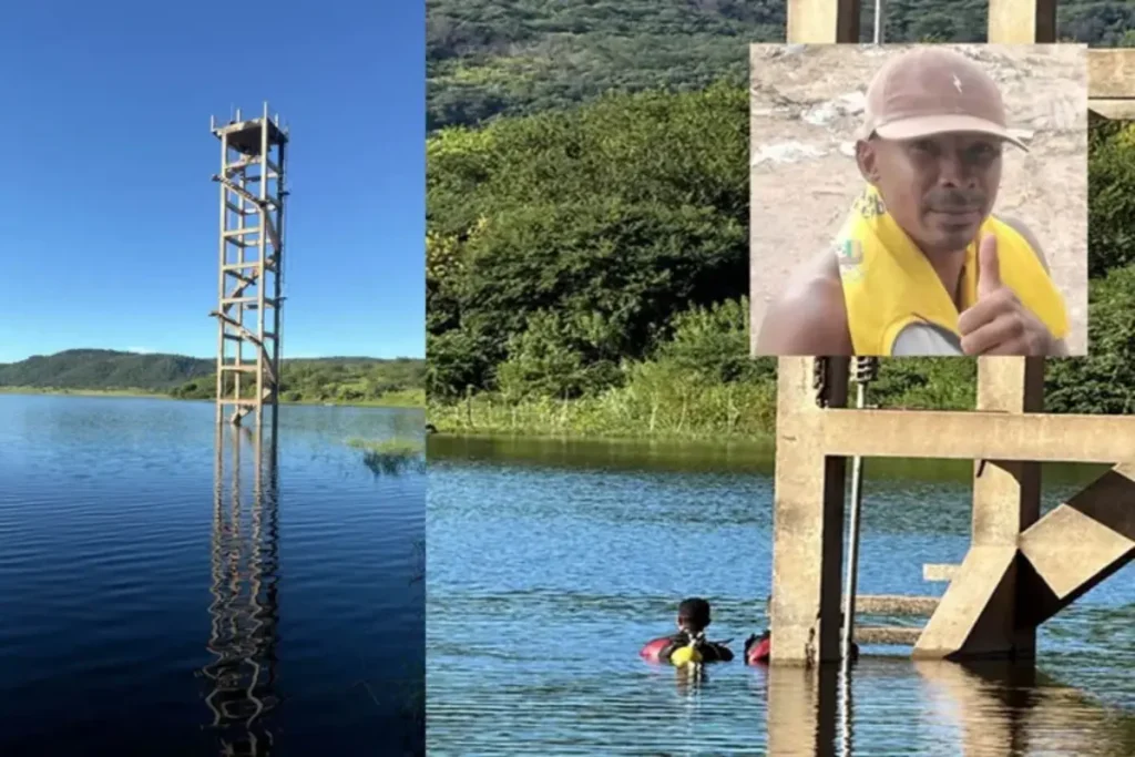 Montagem de fotos de operação de busca em açude, com mergulhador na água, torre submersa e retrato do homem desaparecido.