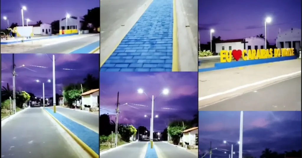 Colagem de seis imagens noturnas mostrando ruas iluminadas, ciclovias azuis e o letreiro 'EU ❤️ CARAIBAS DO NORTE'.