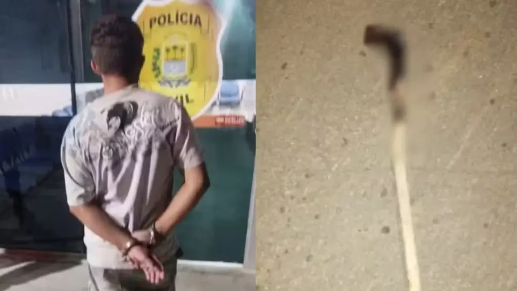 Montagem de fotos: à esquerda, homem de costas algemado; à direita, close de um objeto pontiagudo, uma arma artesanal.