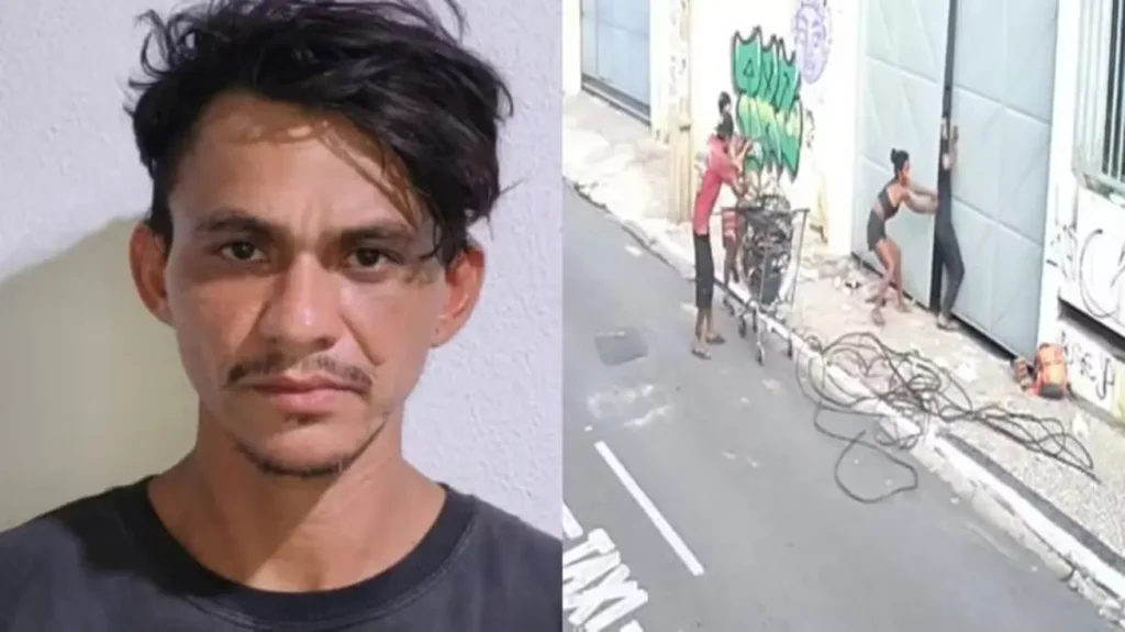 Montagem com foto de homem moreno de cabelo escuro e bigode fino à esquerda, e à direita cena de rua captada por câmera de segurança mostrando duas pessoas puxando cabos elétricos enrolados no chão próximo a um portão metálico azul com grafite