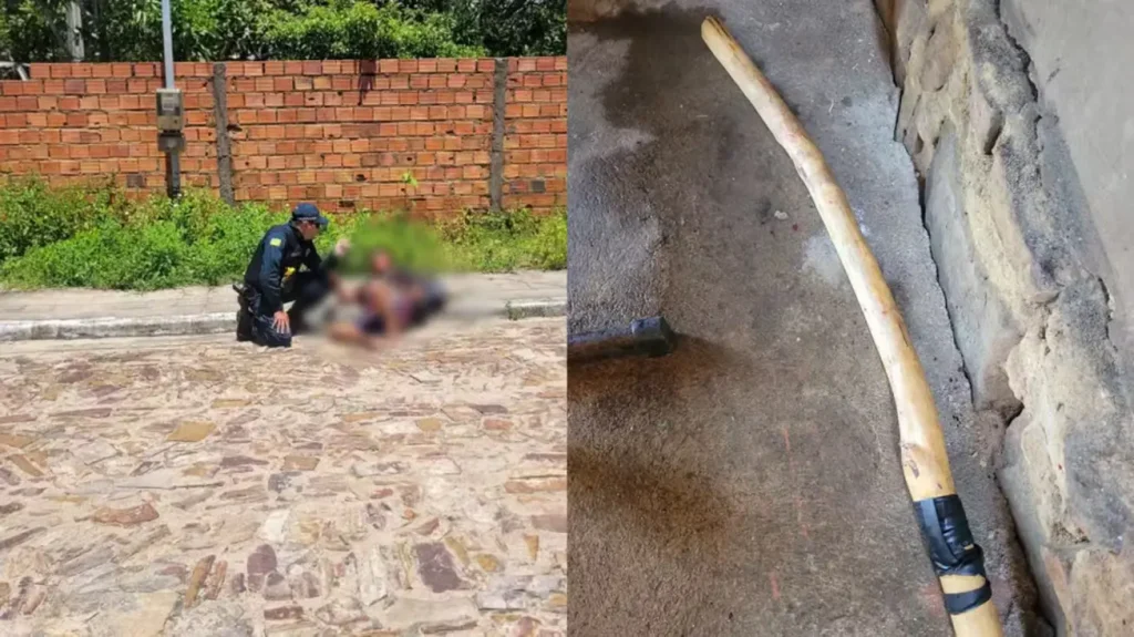 Mulher tem perna fraturada após ser agredida com pedaços de madeira em Parnaíba 3 À esquerda, policial uniformizado ajoelhado atendendo pessoa caída no chão em rua de paralelepípedos próxima a muro de tijolos. À direita, machado com cabo de madeira e amarração preta em piso de concreto com manchas escuras.
