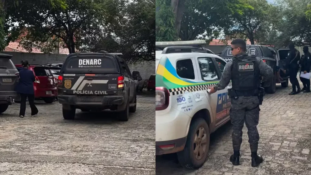 Quatro adolescentes são apreendidos por planejar assassinar estudantes em Pau D'Arco do Piauí 2 Duas cenas de operação policial no Piauí: à esquerda, viatura da DENARC da Polícia Civil do Piauí estacionada em área aberta; à direita, policial militar fardado com colete ROCAM ao lado de viatura da Polícia Militar com número 190