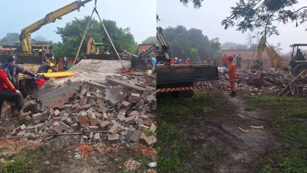 Mulher grávida e dois filhos morrem em desabamento de sobrado em Barras 5 Duas fotos lado a lado mostram bombeiros e socorristas com equipamentos de resgate removendo escombros de tijolos e concreto de uma construção desabada, com auxílio de guindaste amarelo e retroescavadeira CAT, em área com vegetação e neblina