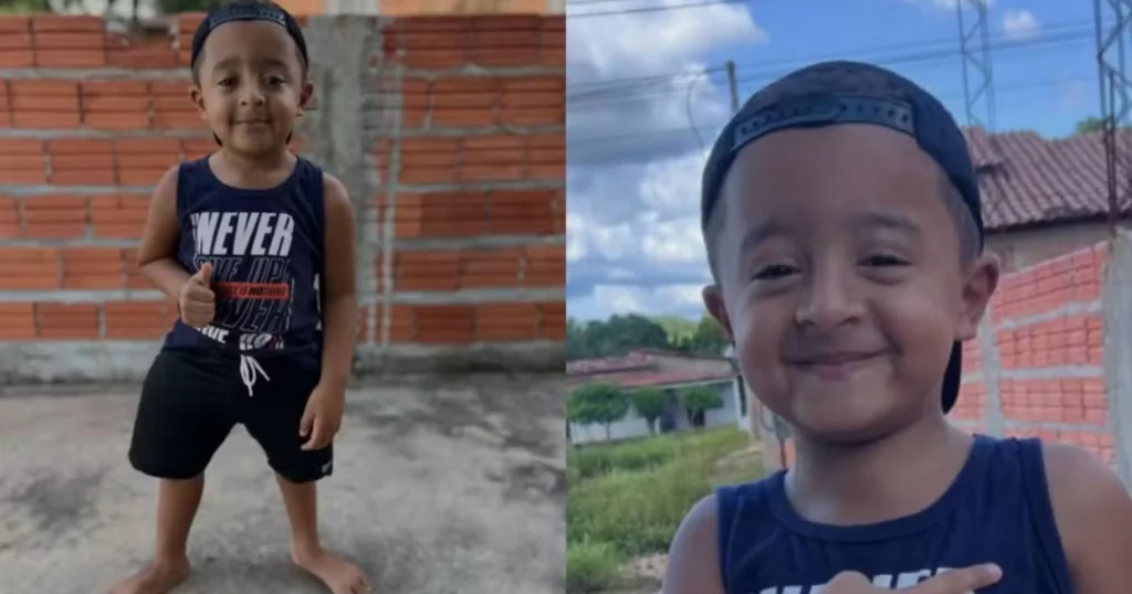 Montagem de duas fotos de um menino sorrindo. Ele usa boné para trás, regata azul e, em uma das imagens, faz sinal de positivo.