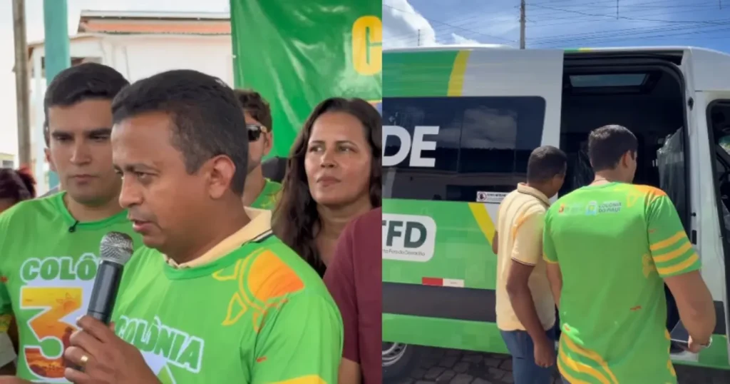 Montagem de fotos: à esquerda, homem discursa ao microfone; à direita, homens ao lado de uma van da saúde de Colônia do Piauí.