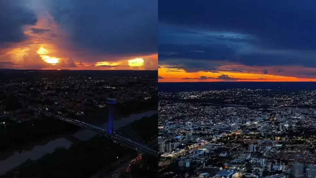 Céu de Teresina ao entardecer com nuvens densas iluminadas por raios solares alaranjados, criando um efeito visual que se assemelha a três sóis no horizonte.