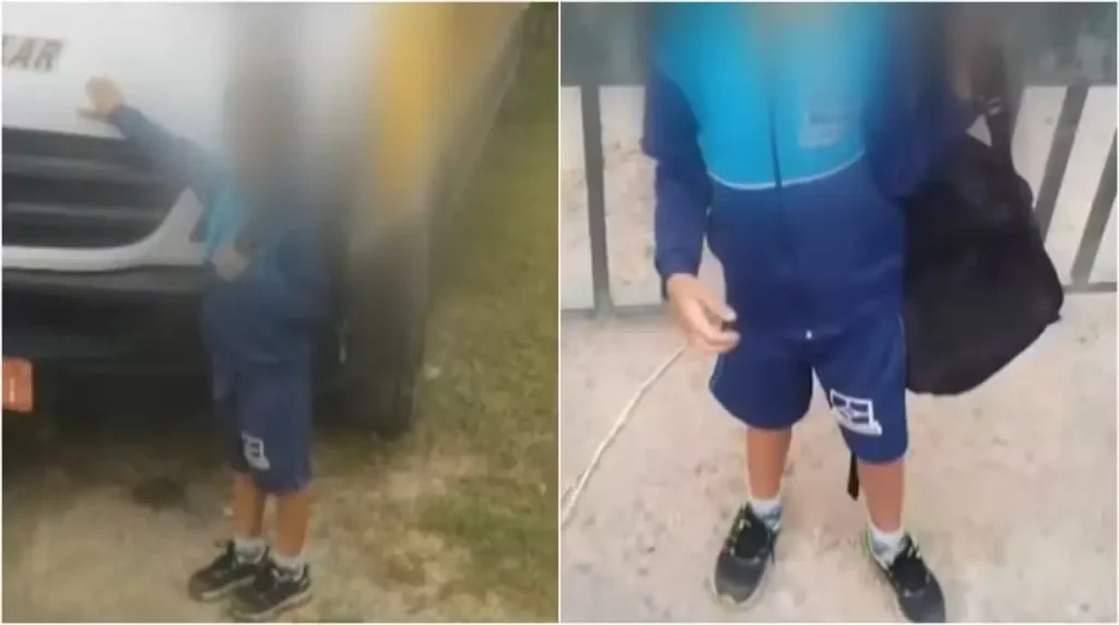 de um lado a van escolar estacionada em pátio no bairro Cidade Aracilia, em Guarulhos, onde menino de 5 anos foi esquecido; do outro, o menino de 5 anos segurando a mochila