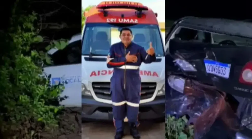 Montagem com foto do socorrista Geovane Bernardo ao centro, e destroços de um carro e uma van após acidente.