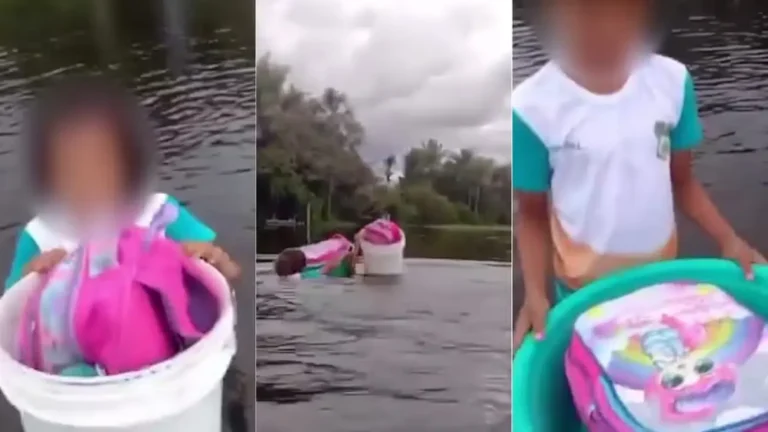 Alunas atravessam lagoa a nado para chegar à escola em Barreirinhas