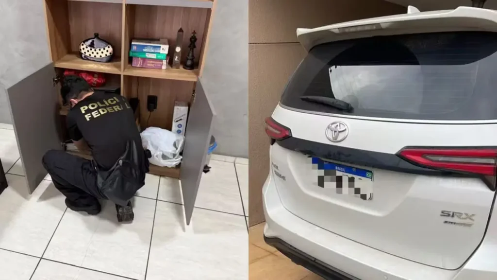 Montagem: à esquerda, agente da Polícia Federal inspeciona armário; à direita, traseira de um SUV Toyota SW4 branco.