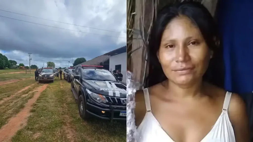 Composição com duas fotos: à esquerda, viaturas da Polícia Civil alinhadas em estrada de terra em área rural com agentes ao fundo; à direita, retrato de mulher de cabelos pretos lisos, pele morena, vestindo blusa branca de alças
